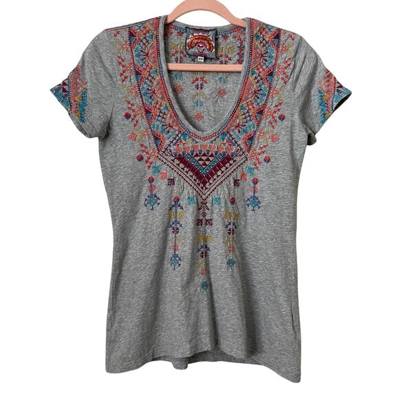 Johnny Was Shirt Womens XS Gray Embroidered Aztec Western Boho Cowgirl Cotton - Picture 1 of 12